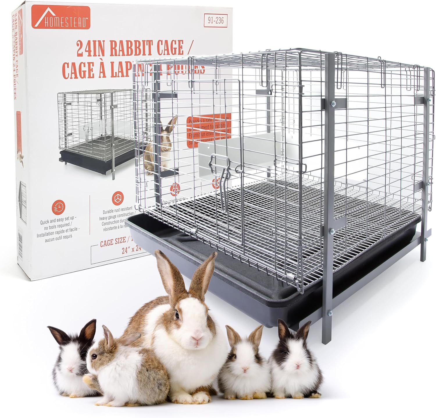 HOMESTEAD Bunny Cages with Tray - 24-inch Easy-Clean Rabbit Cage with Enhanced Kit - Leg, Frame, & Urine Guard Included - Ideal & Secure Home for Rabbits, Ferrets, Hedgehogs