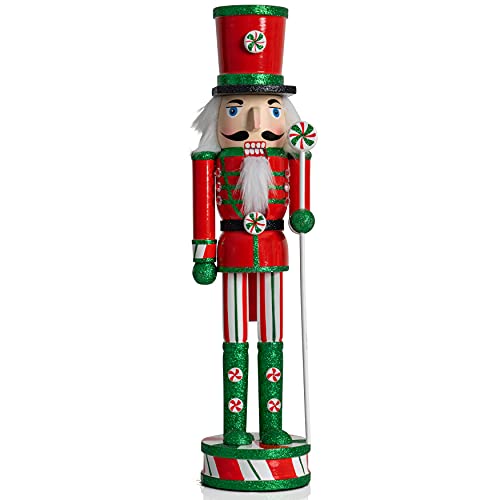 Ornativity Wooden Peppermint Christmas Nutcracker - Red, White and Green Glitter Candy Themed Xmas Holiday Nut Cracker Doll Figure Toy Soldier Decorations 15