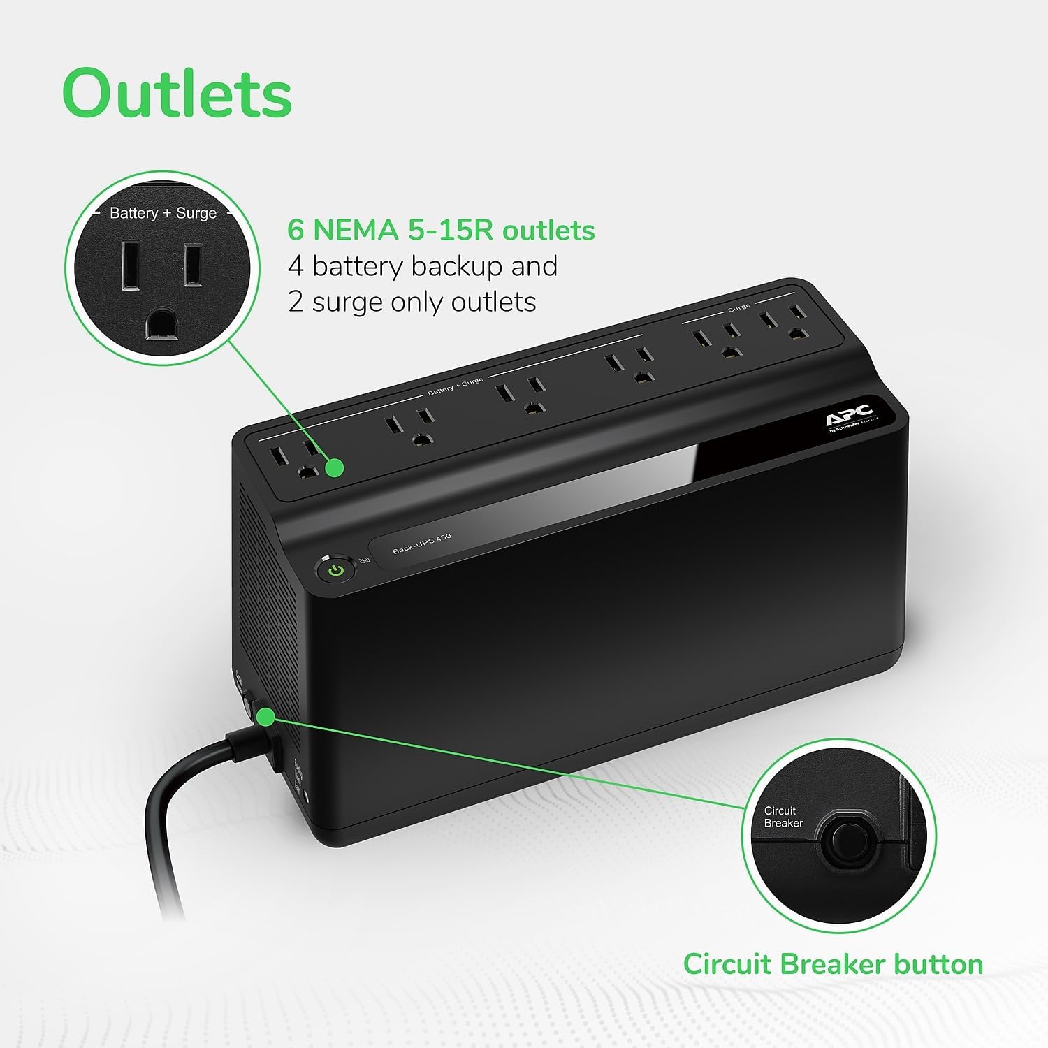SCHNEIDER ELECTRIC BN450M-CA APC Back-UPS, 6 Outlets, 450VA, 120V, Retail