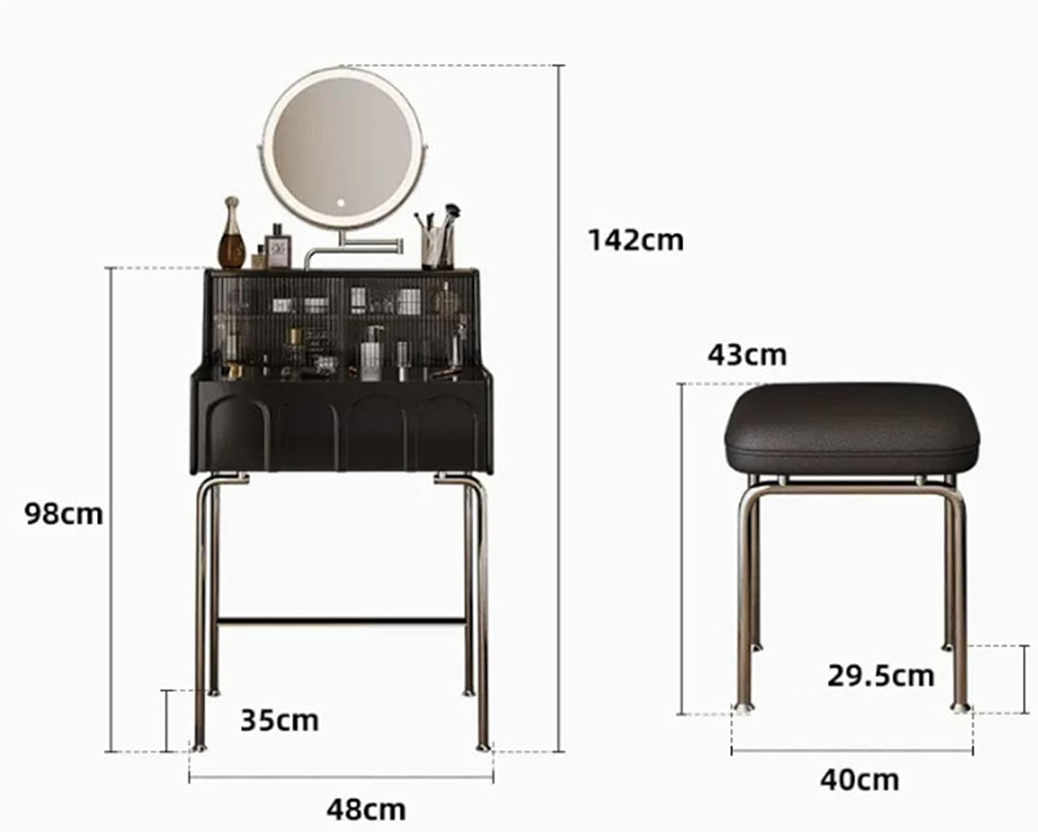 Small Vanity Desk Set with 3 Adjustable Lighted Mirror and Storage Shelf Black Tiny Vanity Table with Drawer for Bedroom Vanity Compact Dressing Table for Small Space