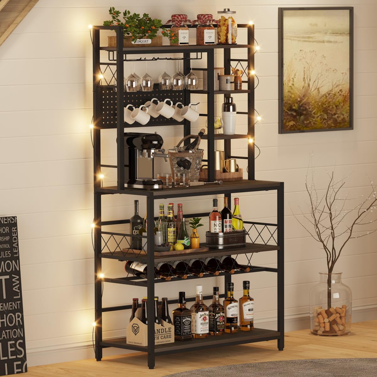 Industrial 3 Tier Mobile Gold Bar Cart with Wine Rack Freestanding Floor with Glass Holders and Hooks, Coffee Bar Cabinet with Storage with Wood and Metal Beverage Cart (Gold & Walnut Brown)