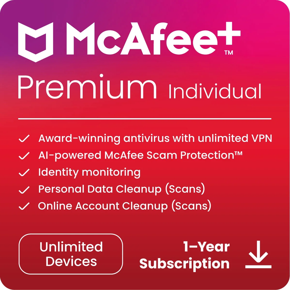 McAfee®+ Premium Individual Antivirus and Internet Security Software for Unlimited Devices (Windows®/Mac®/Android/iOS/ChromeOS), 1-Year Subscription, [Digital Download]