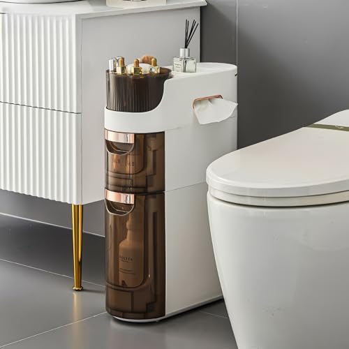 2-Tiers Slim Bathroom Storage, Waterproof Narrow Bathroom Floor Cabinet, Movable Bathroom Storage Organizer with Drawers for Small Spaces, Bathroom, Kitchen, Bedroom - Out of The Box