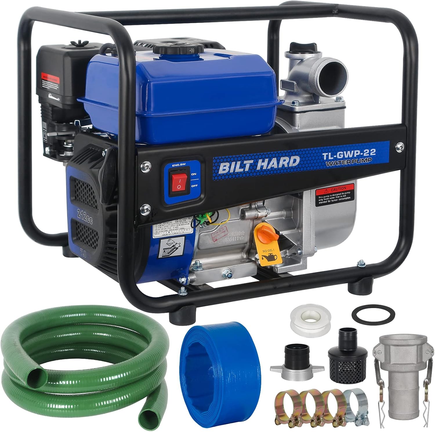 BILT HARD Semi-Trash Water Pump 2 inch, 158 GPM 7HP Gas Powered Water Transfer Pump, with Water Hose Kit