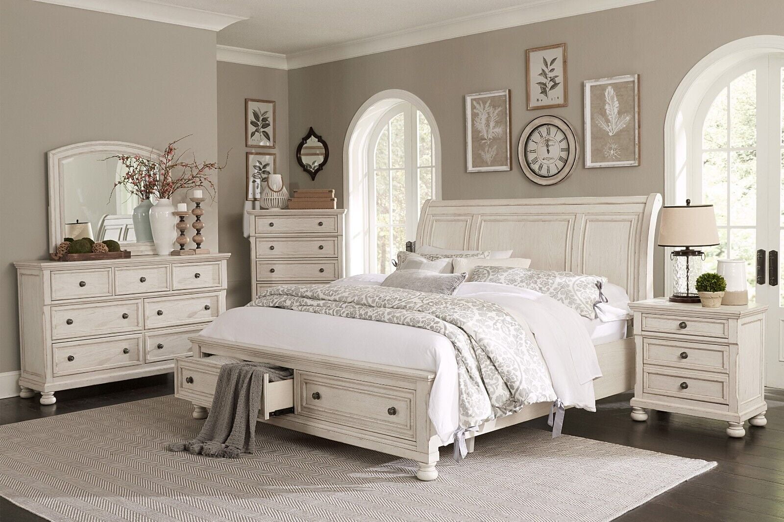 Classic Master Bedroom 6pc Set Queen Size Platform Storage Bed Nightstands Dresser Mirror Traditional Design White Finish