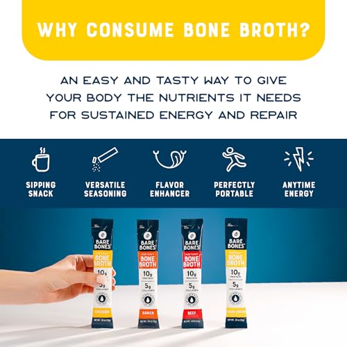 Bare Bones Bone Broth Instant Powdered Beverage Mix, Chicken & Beef, Variety Pack of 32, 16 Chicken & 16 Beef - 15g Sticks, 10g Protein, Keto & Paleo Friendly