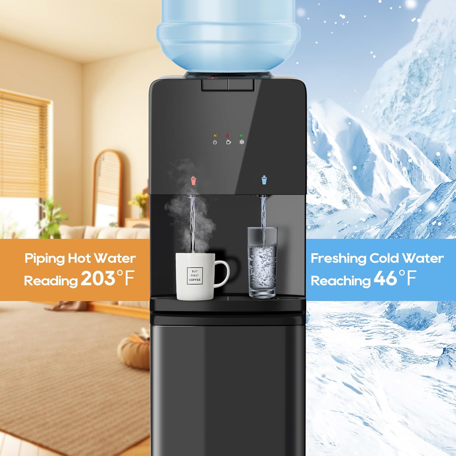 Hot & Cold Top Loading Water Dispenser, 3 5 Gallons Water Coolers with Removable Drip Tray & Storage Cabinet, 3 Temperatures, Home, Child Safety Lock, Office, Living Room.