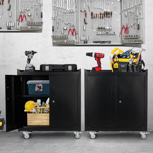 2 Door Tool Cabinets for Garage, Lockable Metal Storage Cabinet with Adjustable Shelves, Rolling Tool Chest, Garage Storage Cabinet with Wheels, 34