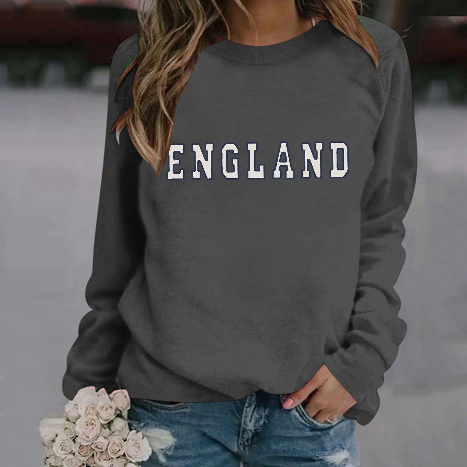 Women's Fashionable British Style Letter Printed Round Neck Long Sleeved Casual Sports Sweatshirt (1) Hooded Sweatshirt