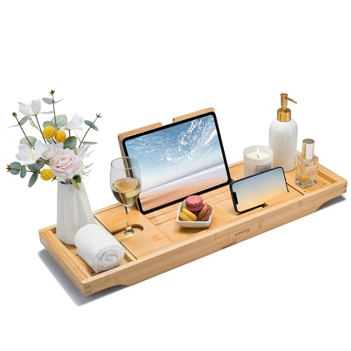 SMIRLY Expandable Bamboo Bathtub Tray, Bath Tray for Tub, Bathtub Accessories, Bath Tub Tray Wood, Bath Accessories, Bath Caddy, Bathtub Caddy Tray for Tub, Bath Table Tray