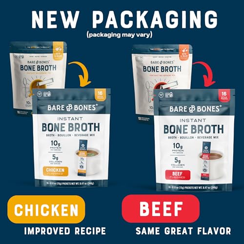 Bare Bones Bone Broth Instant Powdered Beverage Mix, Chicken & Beef, Variety Pack of 32, 16 Chicken & 16 Beef - 15g Sticks, 10g Protein, Keto & Paleo Friendly