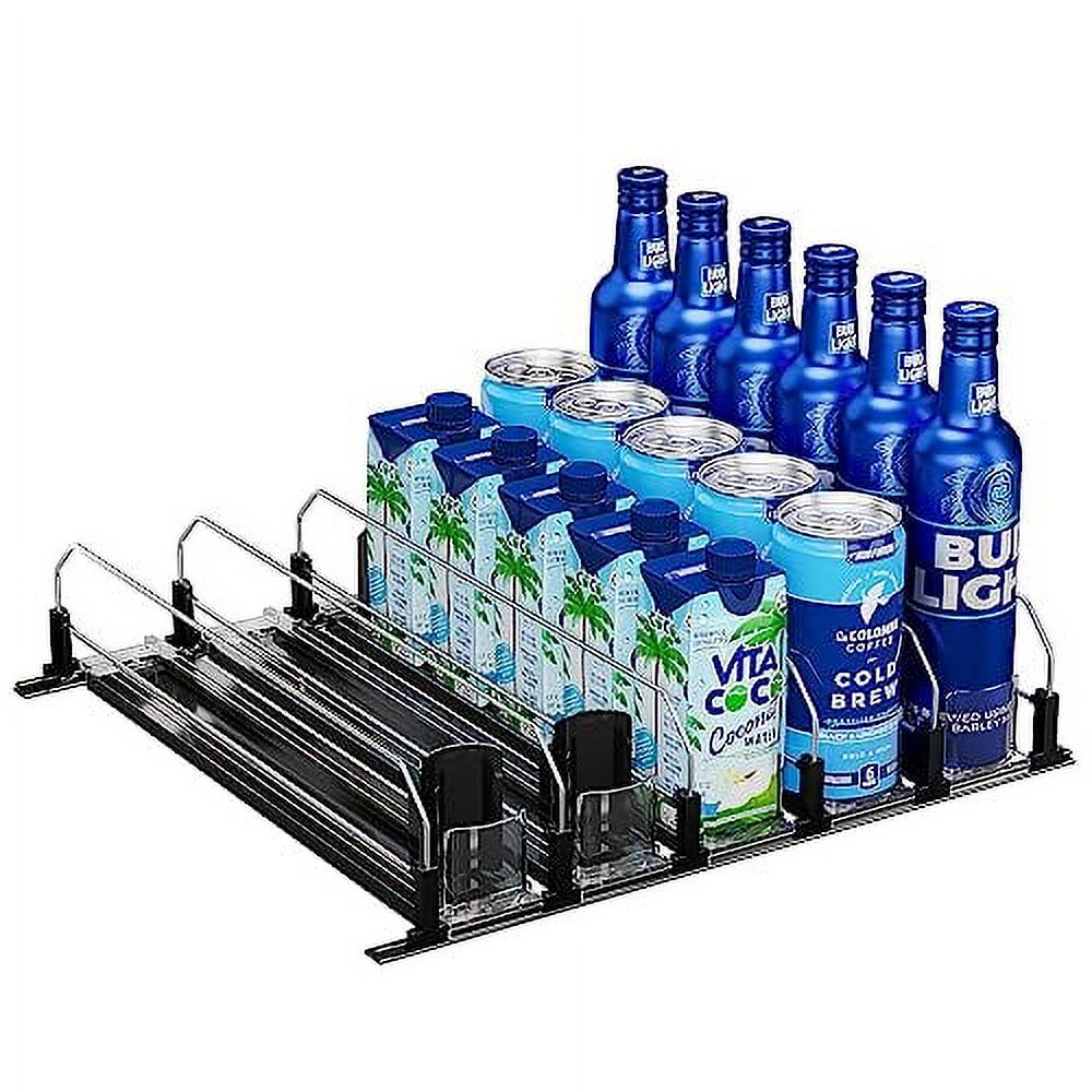 Puricon Drink Organizer for Fridge Pusher Glide, Spring Loaded Fridge Drink Dispenser, Self Pushing Soda Can Organizer for Refrigerator, Beer Bottle Beverage Organizer Drink Holder -5 Rows, Black