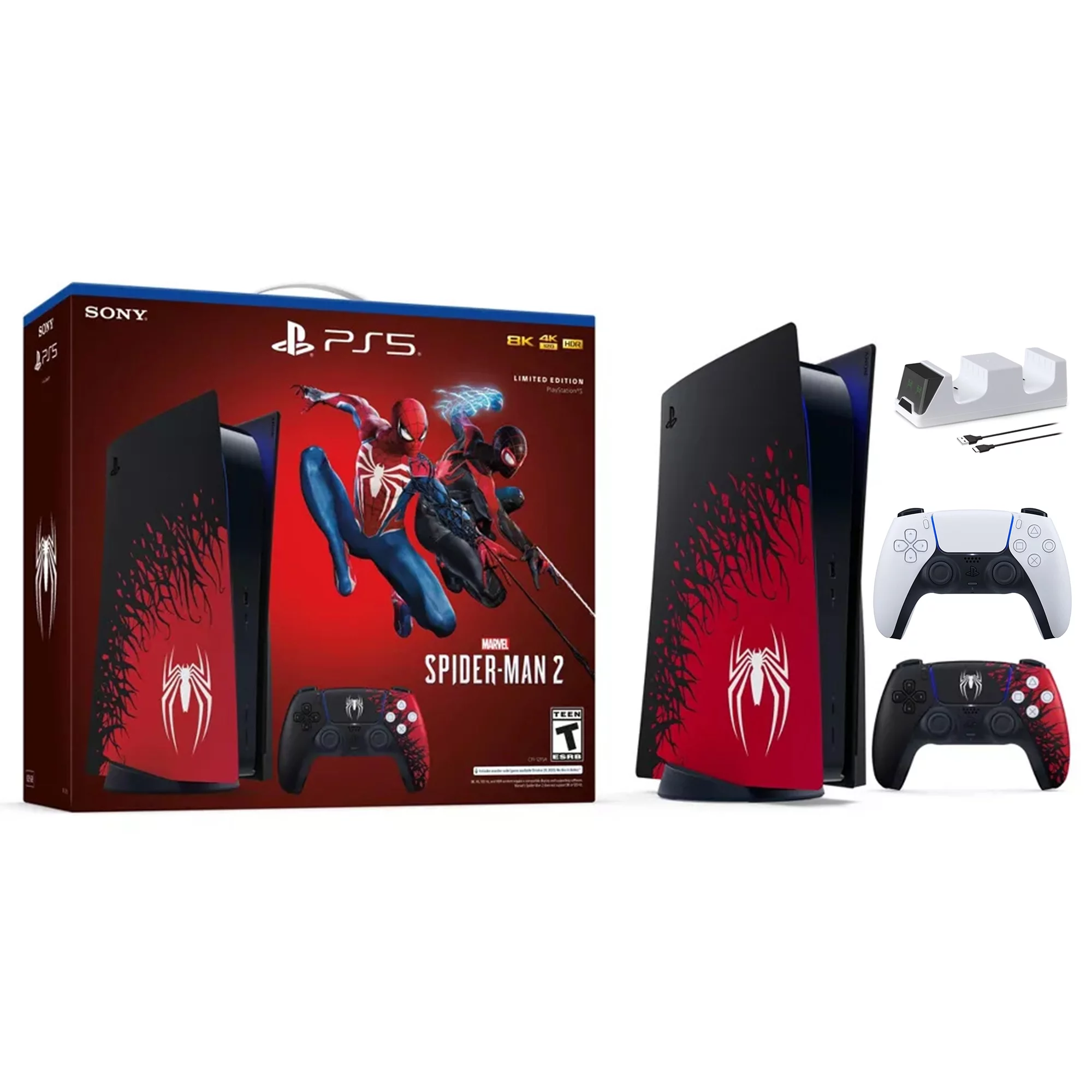 PlayStation 5 Disc Edition Marvel's Spider-Man 2 Limited Bundle with Two Controllers Spider-Man and White Dualsense and Mytrix Dual Controller Charger - PS5 Gaming Console