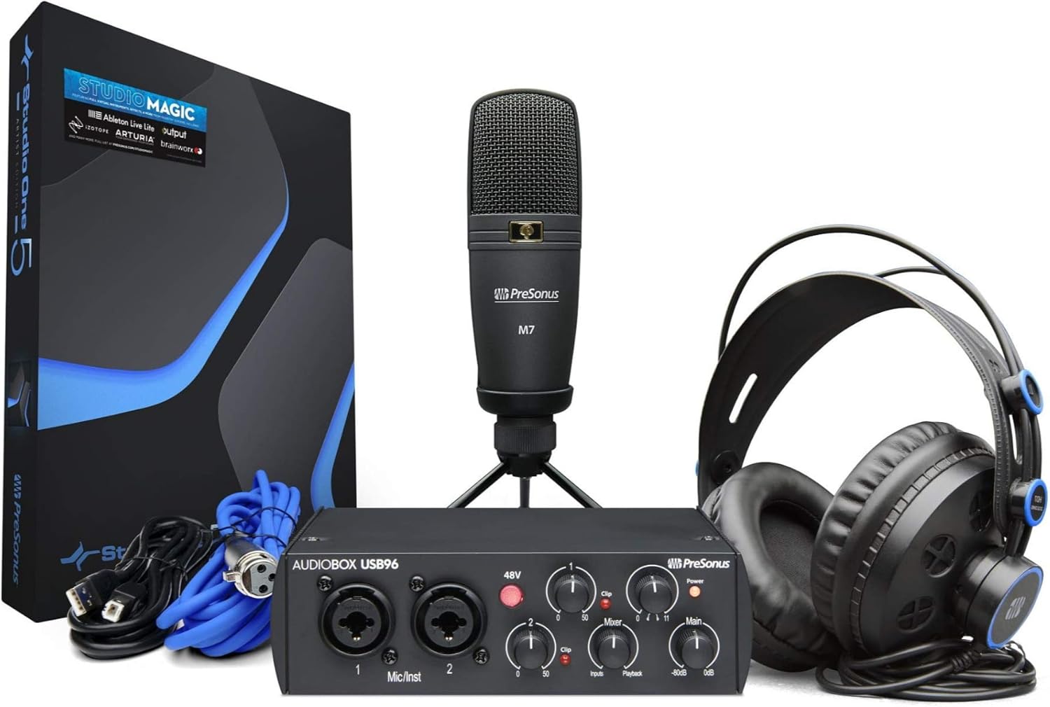 PreSonus AudioBox 96 Interface with Presonus Microphone, Headphones, XLR Cable Bundle with Knox Gear Studio Stand, Pop Filter and Shock Mount (7 Items)