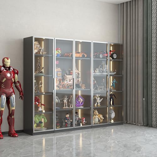 Display Cabinet with Light Strips, 5 Shelves Metal Storage Cabinet with Glass Door, Floor Standing Tall Bookcase Clear Glass Curio Cabinet Collection for Living Room Bedroom (Double Door)