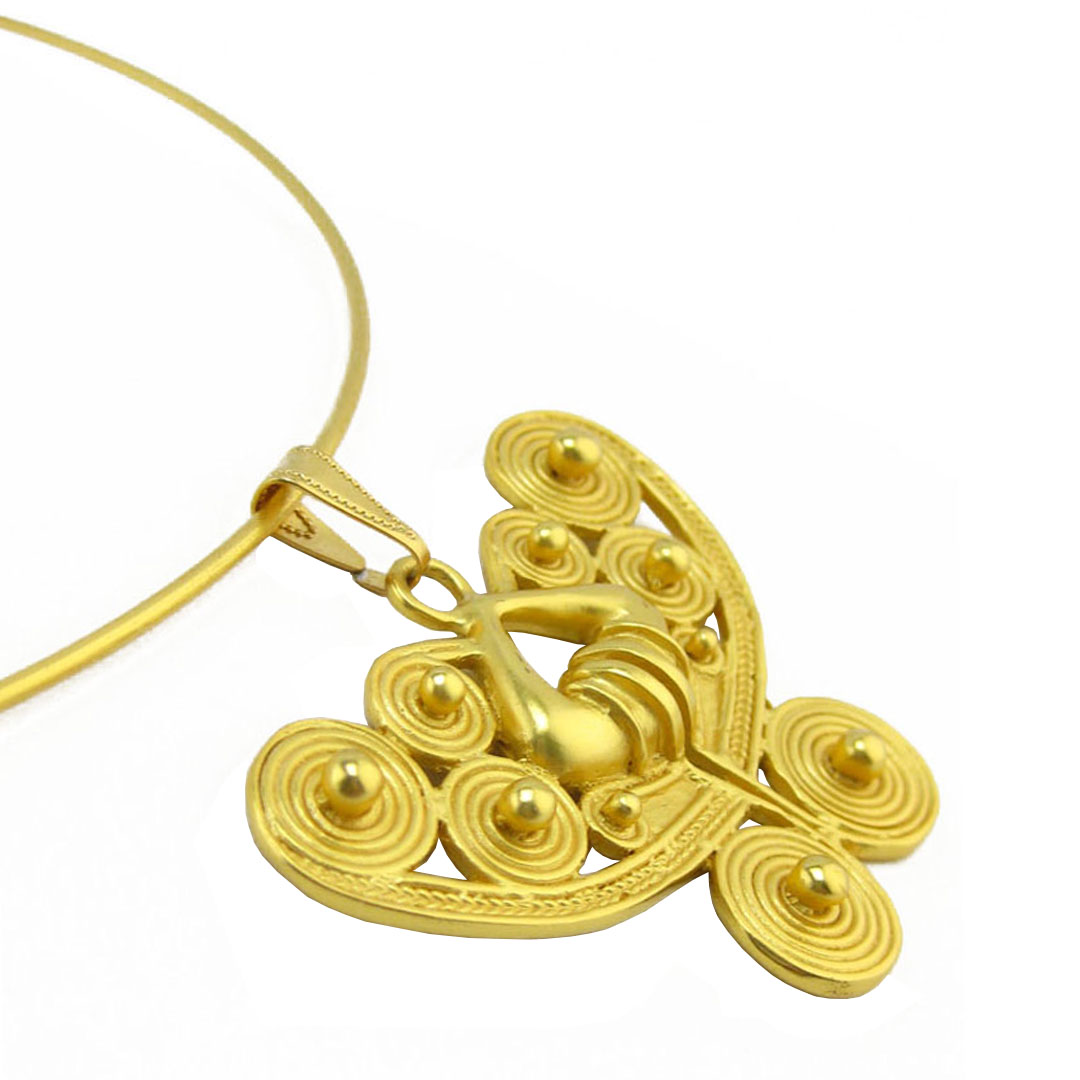 Across The Puddle, Historical Jewelry Collection, 24k Gold Plated Omega Choker Necklace with a Pre-Columbian Spirals Butterfly Pendant