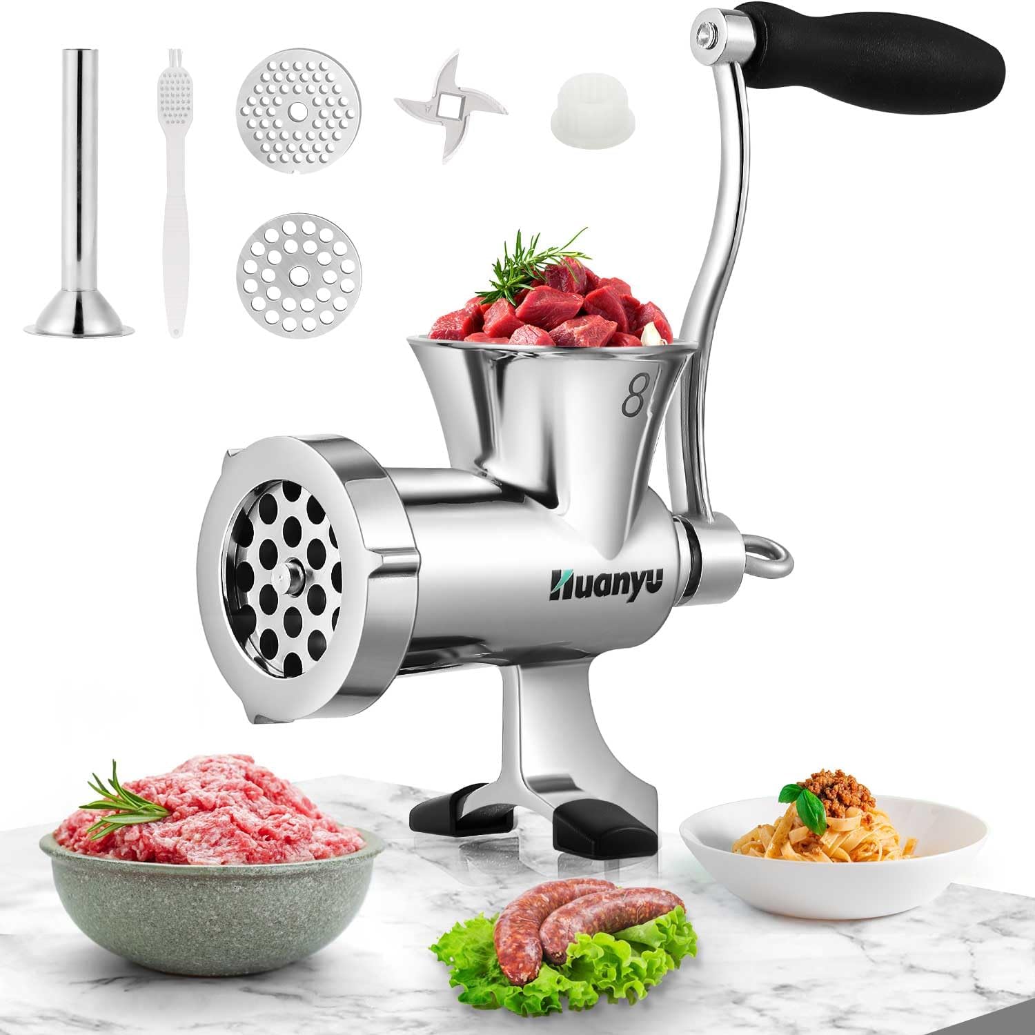 Huanyu Meat Grinder Manual Stainless Steel Compact Meat Mincer Sausage Stuffer Hand-Cranked Meat Grinding Machine Household for Chicken Beef Chili M8