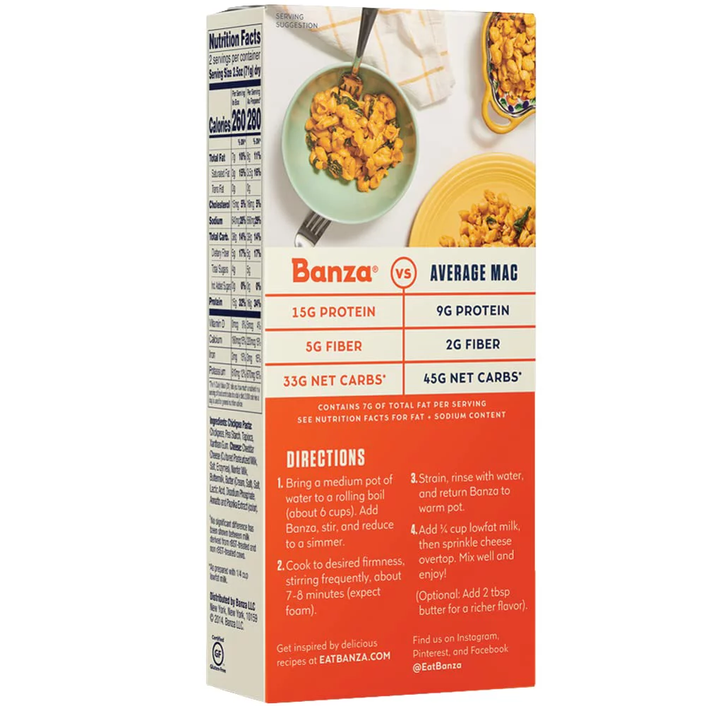 Banza Mac & Cheese, 5.5 oz Shelf Stable Box Packaged Meal, with Chickpea Shells
