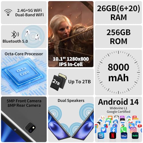 2025 Tablet, Android 14 Tablets 10 inch with Keyboard, 26GB RAM+256GB ROM(2TB Expand), 2-in-1 Tablets with 8-Core, 8000mAh, 5G WiFi, Widevine L1, GMS, with Case, Keyboard, Mouse, Stylus(Black)