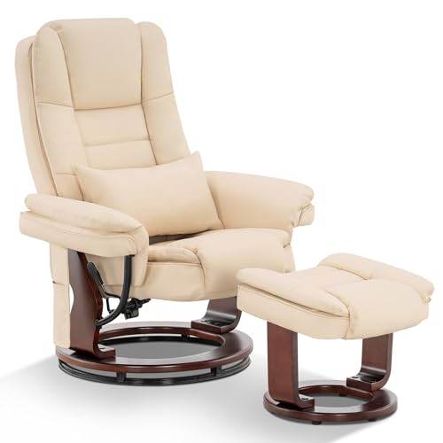 MCombo Recliner with Ottoman Chair Accent Recliner Chair with Vibration Massage, Removable Lumbar Pillow, 360 Degree Swivel Wood Base, Faux Leather 9096 (Cream White)