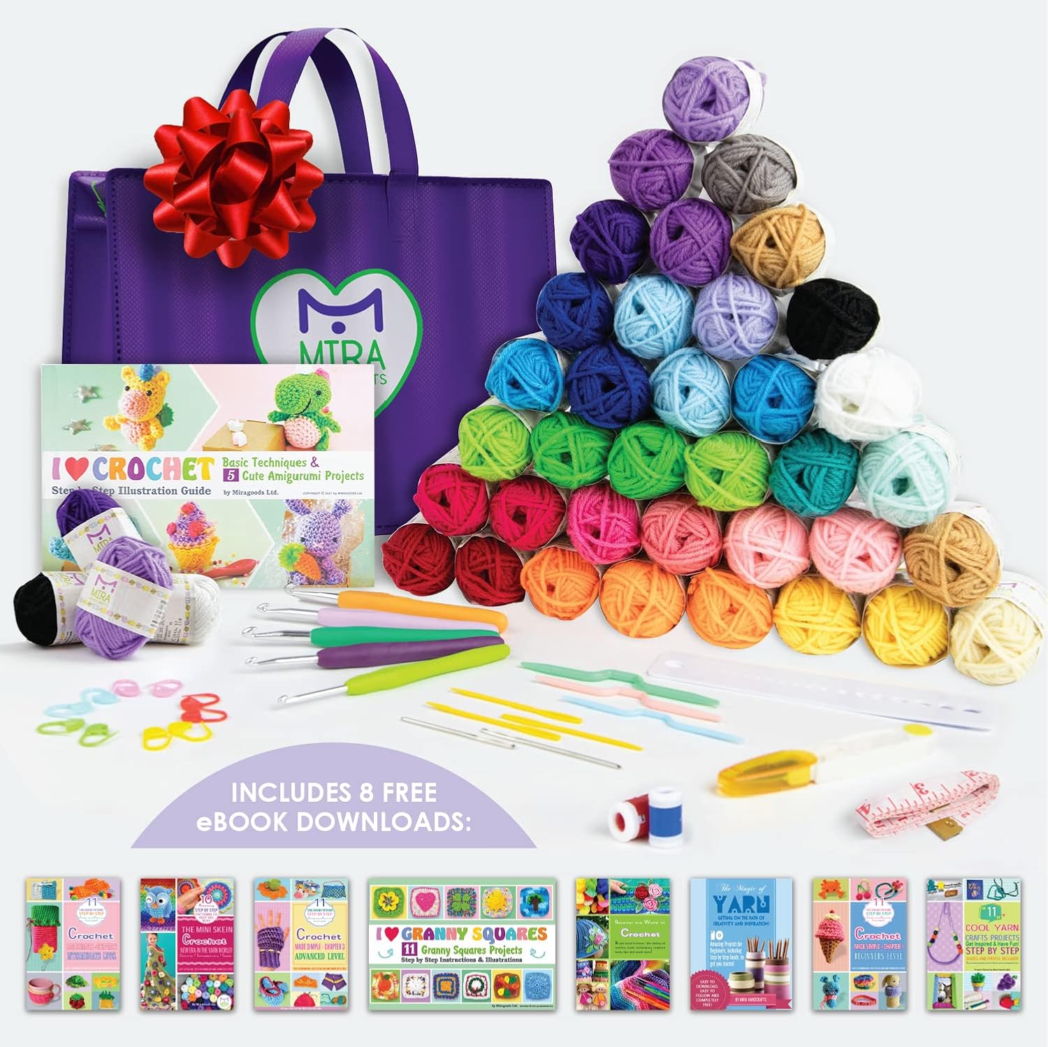 Premium Crochet Yarn Kit | 40 Colorful Acrylic Yarns (875 Yards), All Crocheting and Knitting Supplies for Yarn Crafts, and Books for Design Inspirations | Ideal Starter Set for Beginners and Adults