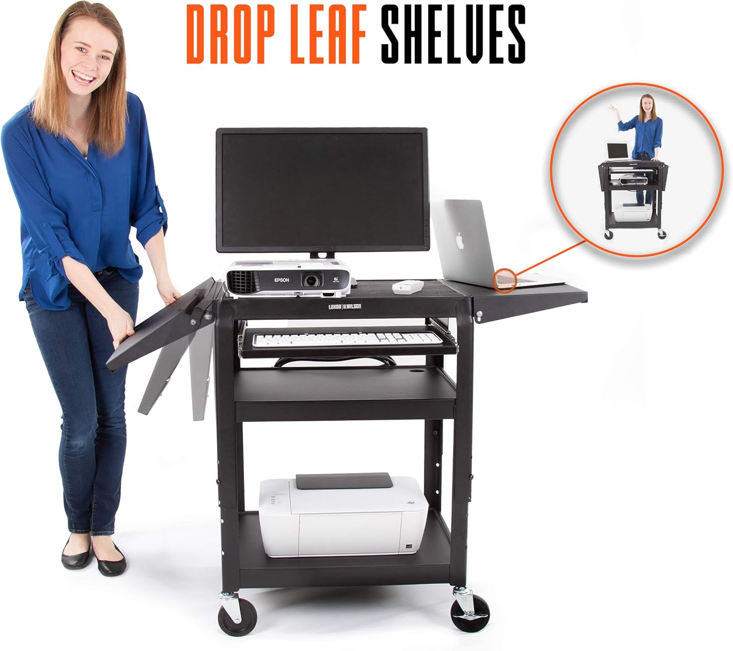 Line Leader AV Cart with Drop Leaf Shelves and Pullout Laptop Tray | Height Adjustable Utility Cart | Includes Power Strip and Cord Management | Great for Presentations (Black / 46 x 18)