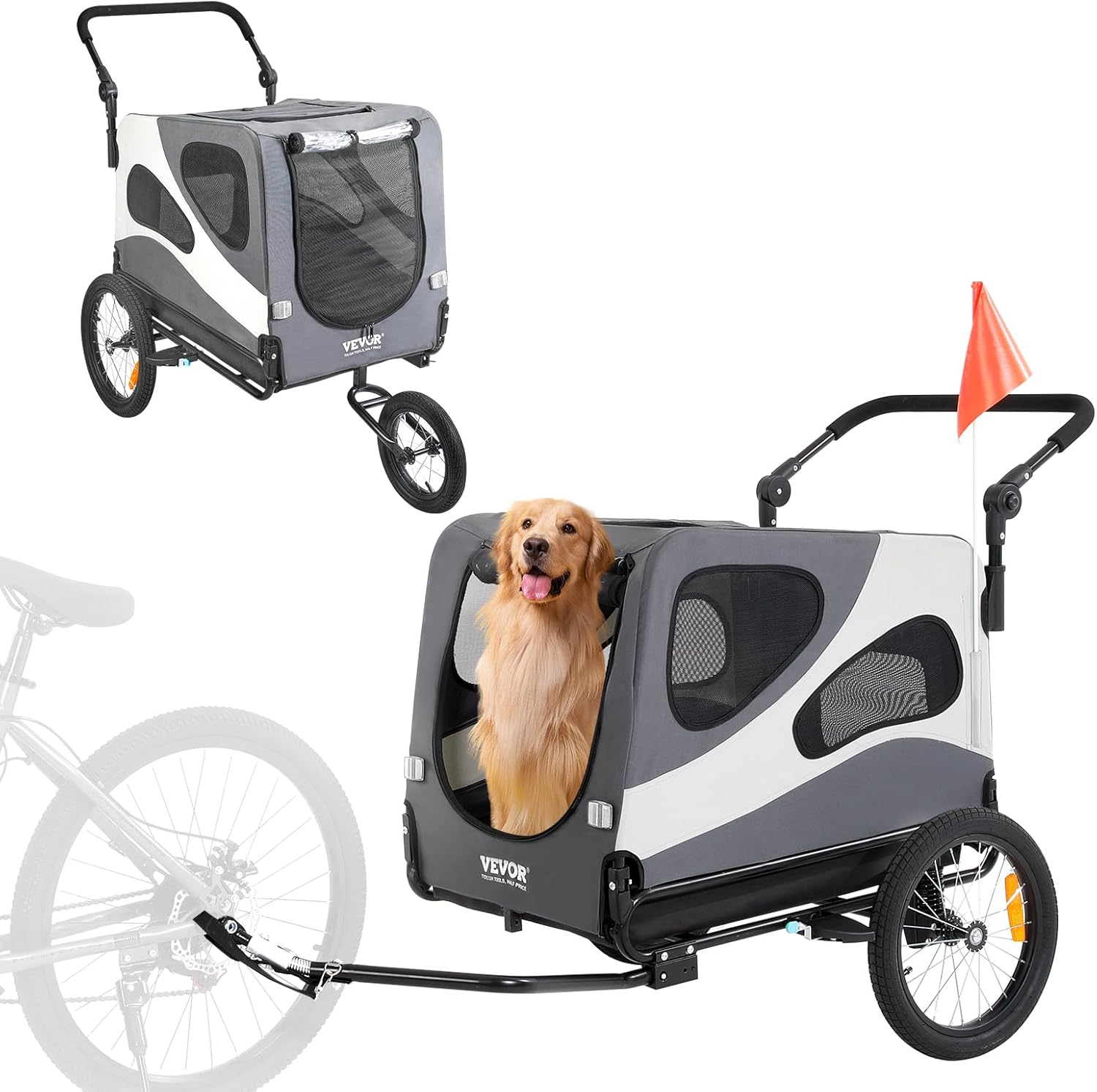 VEVOR Dog Bike Trailer, Supports up to 100 lbs, 2-in-1 Pet Stroller Cart Bicycle Carrier, Easy Folding Cart Frame with Quick Release Wheels, Universal Bicycle Coupler, Reflectors, Flag, Black/Gray