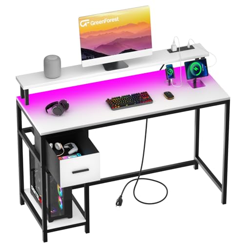 GreenForest Computer Desk with Drawers 47 inch,Gaming Desk with LED Lights & Power Outlets Small Desk with Monitor Stand and Reversible Shelf,Walnut