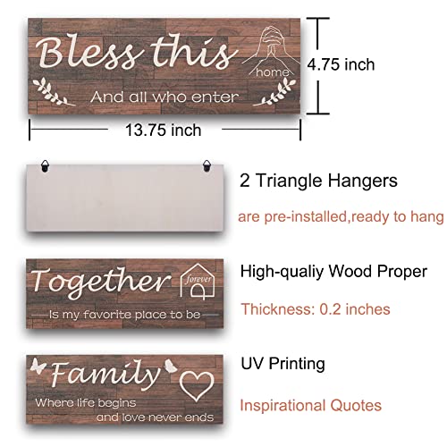 4 Pieces Home Wall Decor, Rustic Wooden Home Wall Signs Farmhouse Wall Art for Living Room, THIS IS US/BLESS THIS HOME/TOGETHER/FAMILY Wall Decor For Dining Room Bedroom (brown)