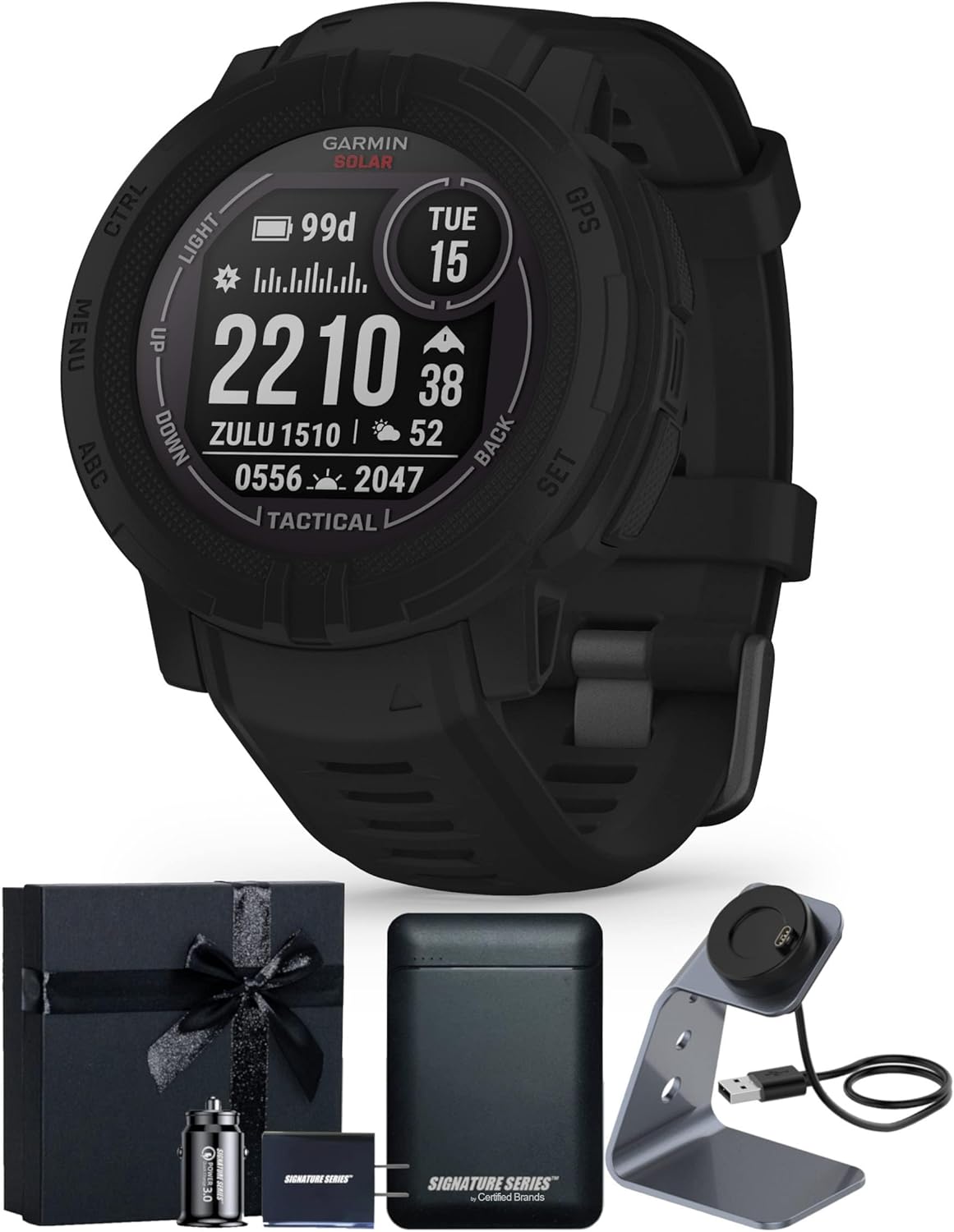 Garmin Instinct 2 Solar Tactical, Rugged Outdoor GPS Smartwatch, Black | Heart Rate Monitor, Built-in Sports Apps, Solar Charging, Up to 28 Day Battery Life with Signature Series Gift Bundle