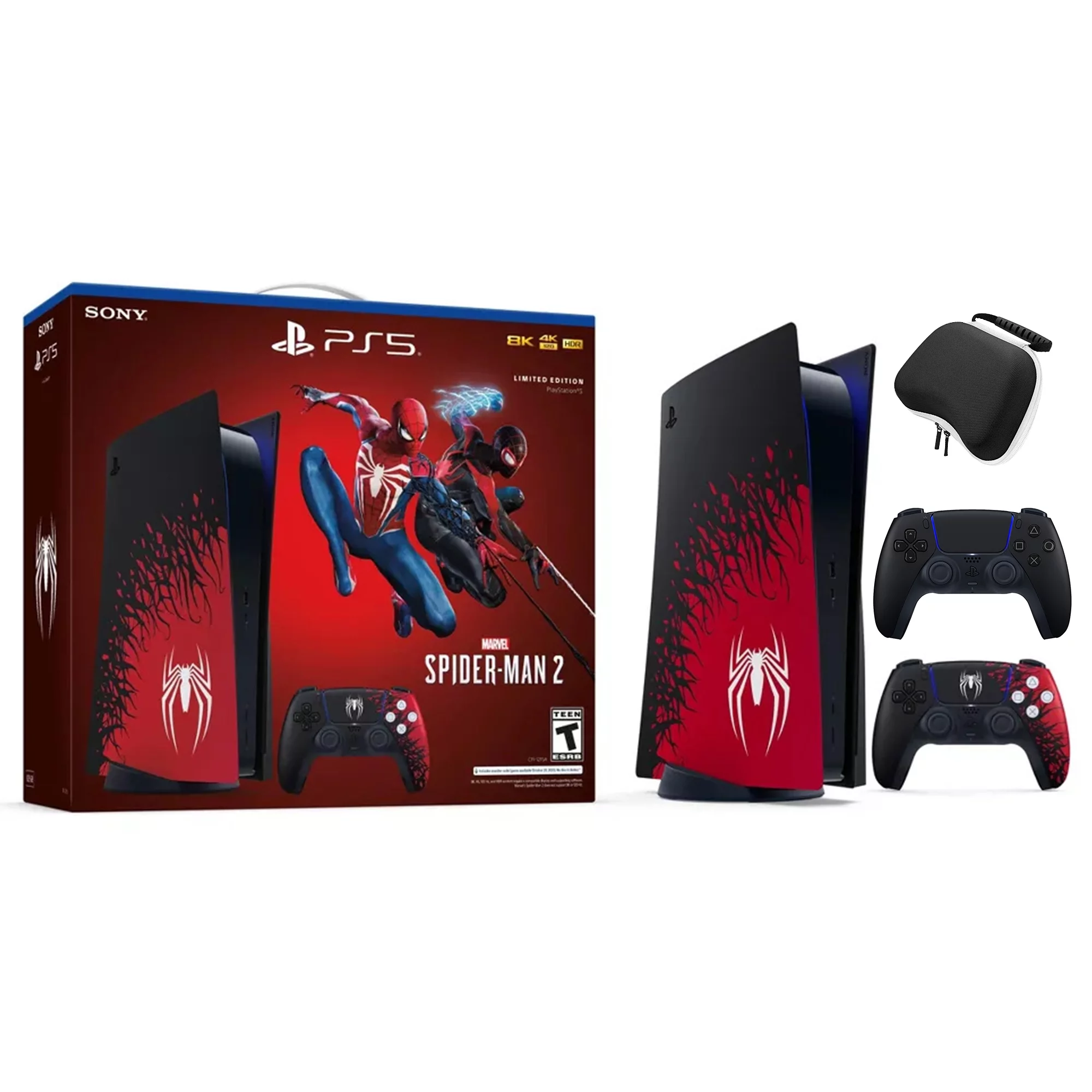PlayStation 5 Disc Edition Marvel's Spider-Man 2 Limited Bundle with Two Controllers Spider-Man and Midnight Black DualSense and Mytrix Hard Shell Protective Controller Case - PS5 Gaming Console