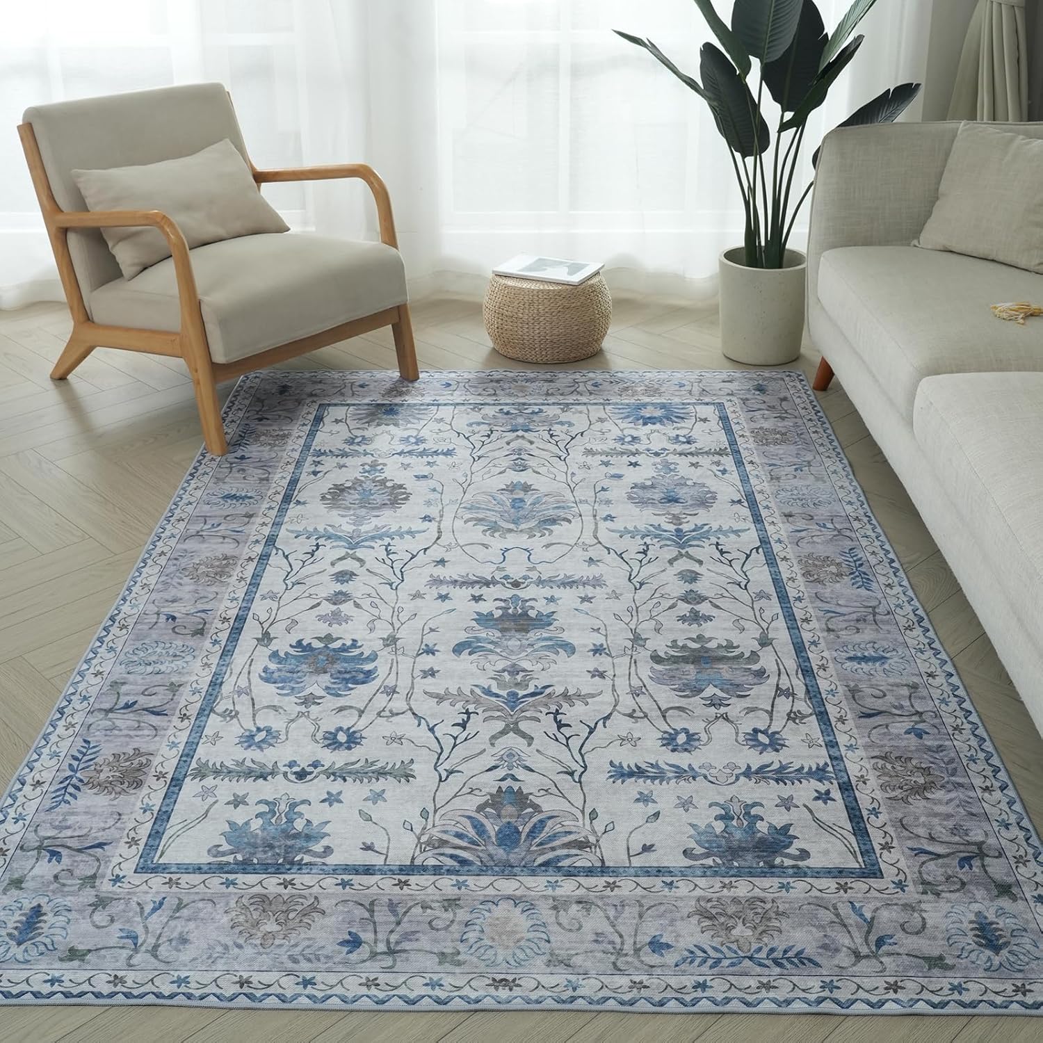 8x10 Large Washable Rugs for Living Room Boho Grey Flower Printed Area Rug Ultra Thin Rugs Carpet Non-Slip Distressed Carpet Aesthetic Area Rugs