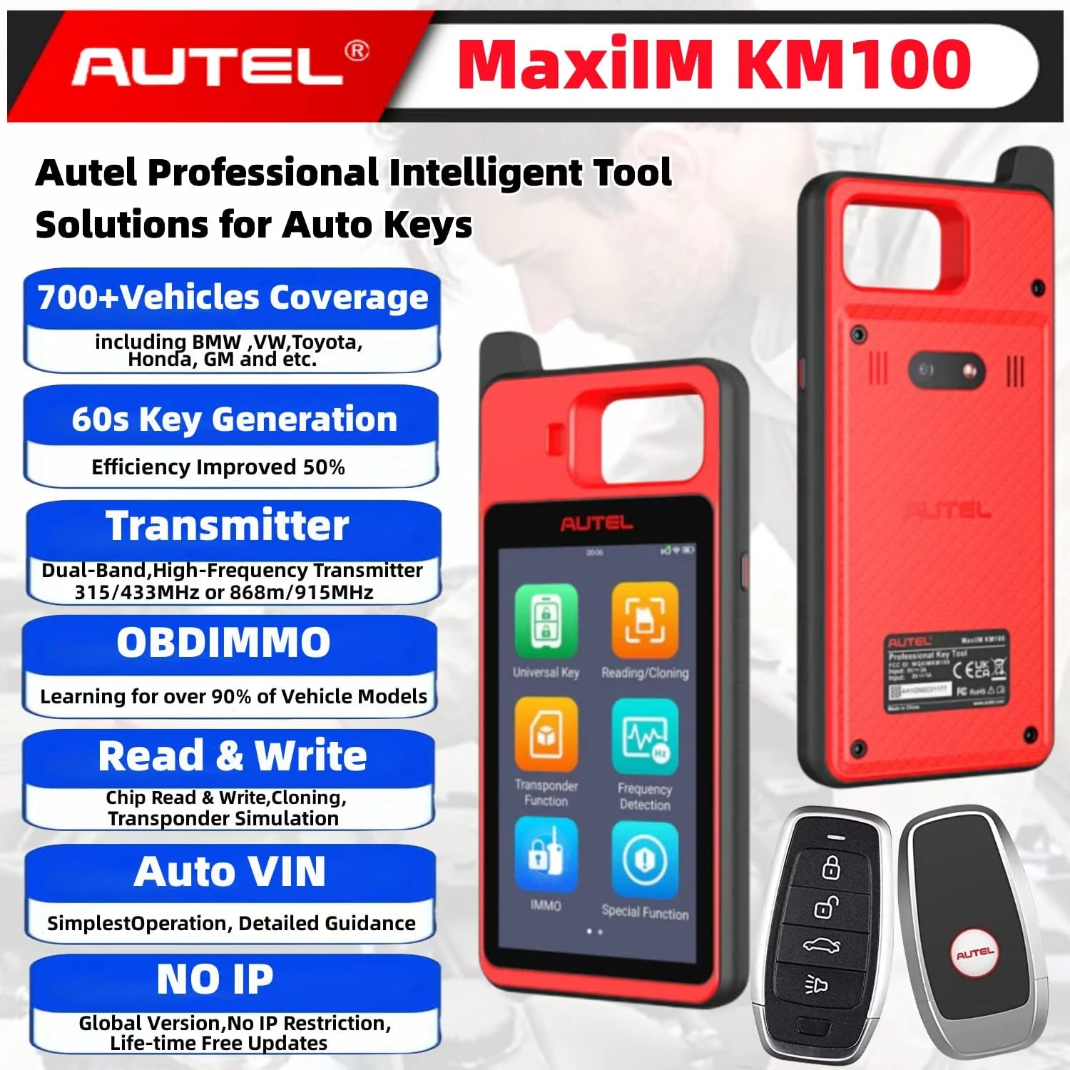 Autel MaxiIM KM100 Key Fob Programmer Immobilizer Tool with 2pcs Blank IKEY 60s Key Generation OBD IMMO/Key Learning Transponder Editing Chip Read/Write/Clone Frequency Detection Lite IM508 IM608 PRO