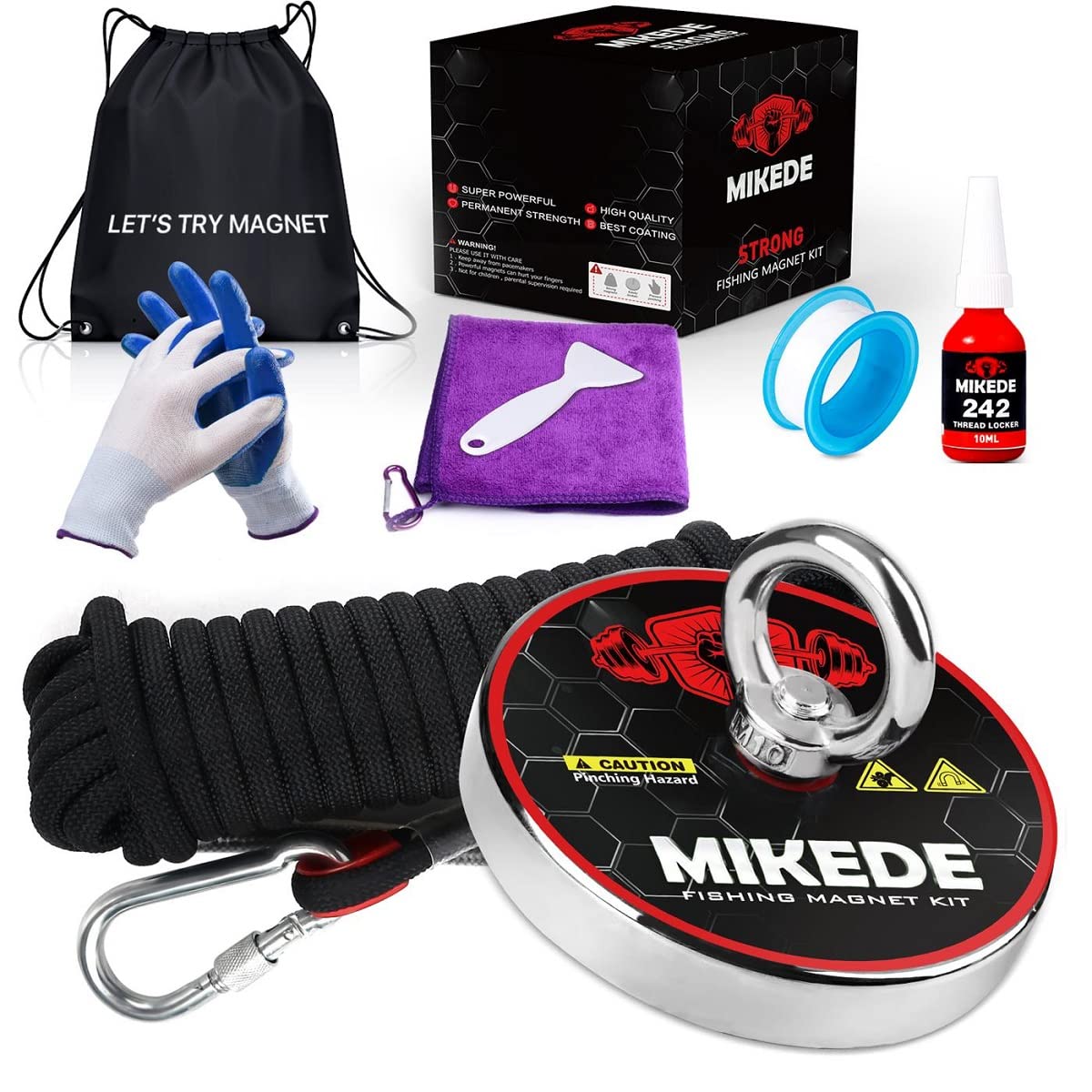 MIKEDE Fishing Magnets, 1080 LBS Pulling Force Strong Magnets Fishing Kit with Heavy Duty Rope Diameter 3.94inch(100mm), Big Neodymium Rare Earth Magnet for Retrieving in River and Magnetic Fishing Pack of 2