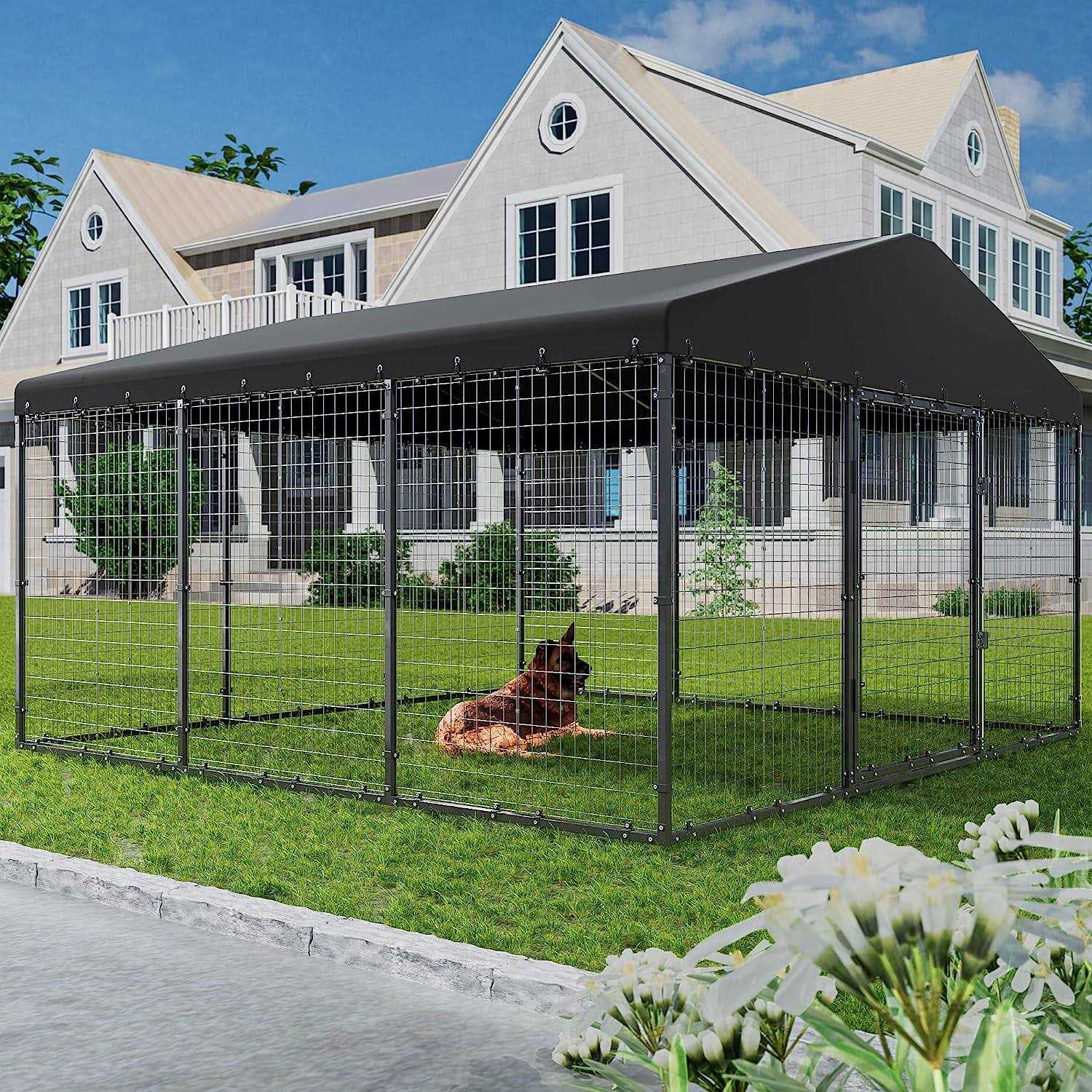 Alaulm Large Heavy Duty Outdoor Dog Kennel, Galvanized Steel Dog Kennel Fence with Roof and Double Safety Locks - Pet Supplies online store