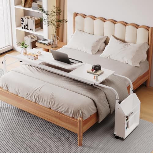 Arlopu Overbed Table with Wheels,60.6-84.2 inches Mobile Bed Desk,Rolling Computer Desk, Laptop Cart,W/0-65°Tilt Stand,4 Heights and 6 Lengths,Side Storage Basket,for Home,Office and Hospital (Brown)