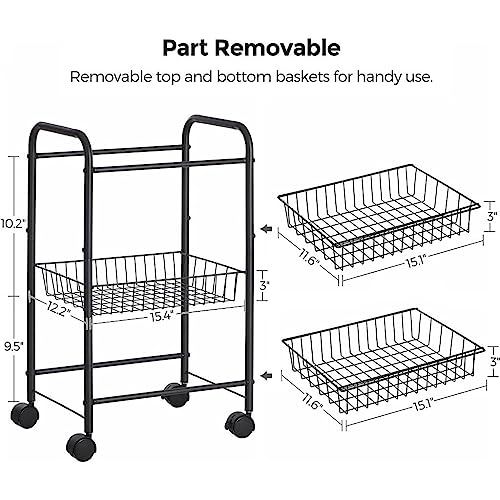 SONGMICS 3-Tier Metal Rolling Cart on Wheels with Baskets, Lockable Utility Trolley with Handles for Kitchen Bathroom Closet, Storage with Removable Shelves, Black UBSC03BK