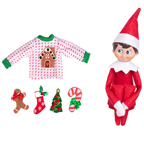 Elf On The Shelf Boy with Ugly Sweater Set - Blue Eyed Boy Elf Doll w 5 Different Velcro X-Mas Accessories - Change Your Elves Clothing Daily with 5 Outfits in One - Win Your Elf Ugly Sweater Party