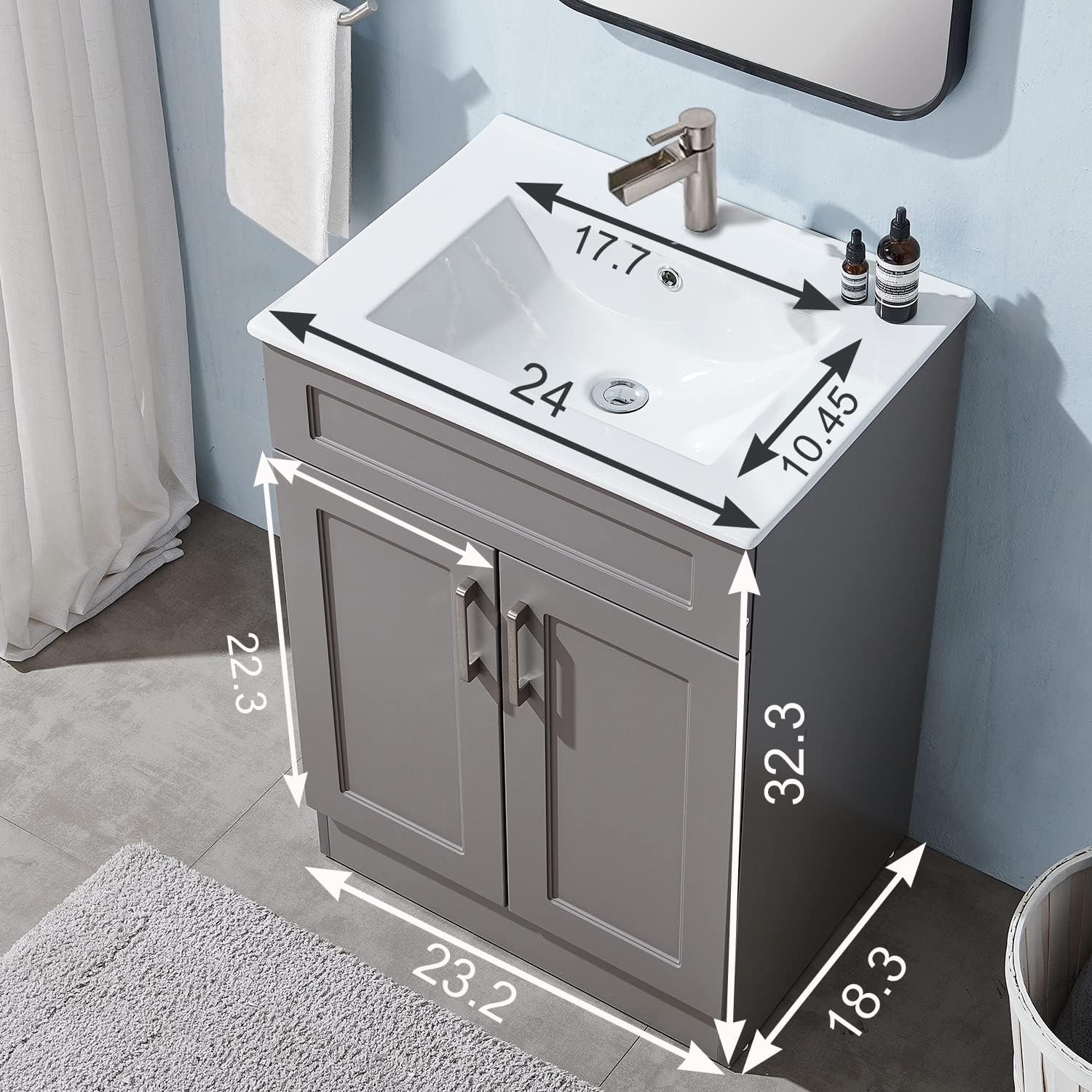 24 Inch Bathroom Vanity, Small Bathroom Vanity with Sink, Gray Bath Vanity Sink Set, Bathroom Vanity Cabinet with White Ceramic Vessel Basin Top