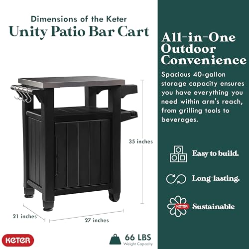 Keter Outdoor Rolling Table Cart for Food Prep, Storage, Bar & Grill, Dark Brown - Portable Kitchen Island Tabletop with Wheels for Drinks, Snacks, and Cooking