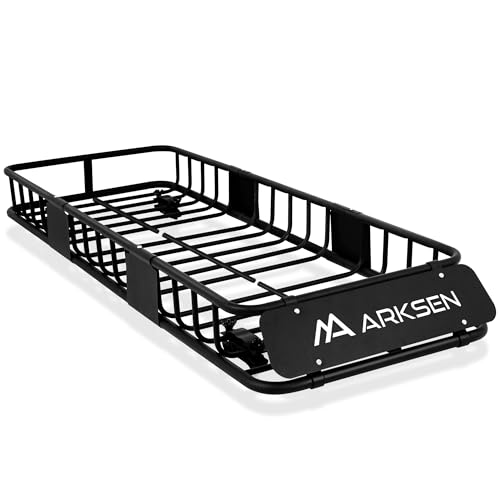 ARKSEN Roof Rack Skinny Cargo Carrier with Basket & Net, Heavy Duty Weather Resistant Top Mount Cargo Rack, Luggage & Camping Gear Storage for Car, Truck or SUV Transport