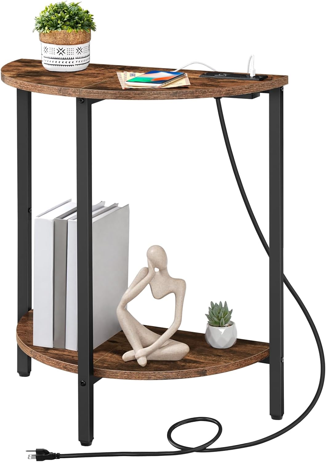 HOOBRO Half Moon Table with Charging Station, Industrial End/Side Table Half Round, 2-Tier Small Entryway Table for Small Space in Living Room, Bedroom, Hallway, Rustic Brown and Black BF166UBZ01