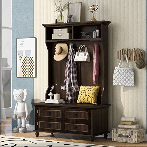 3-in-1 Vintage Hall Tree with 4 Hooks, 39.8