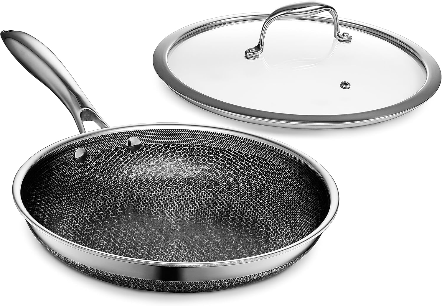 HexClad 4 Piece Hybrid Stainless Steel Cookware Set - 10 Inch Frying Pan with Lid and 12 Inch Frying Pan with Lid, Stay Cool Handle, Dishwasher and Oven Safe