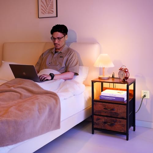 Yoobure Nightstand with Charging Station, LED Night Stand with Fabric Drawers and Storage Shelf for Bedroom, Nightstands Bedside Tables with USB Ports & Outlets, Small Night Stands, Bed Side Table