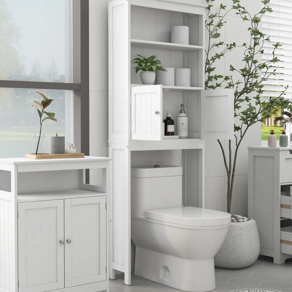 Over The Toilet Storage Cabinet Bathroom Spacesaver Storage Organizer with 2 Doors, for Bathroom Freestanding Shelf-White