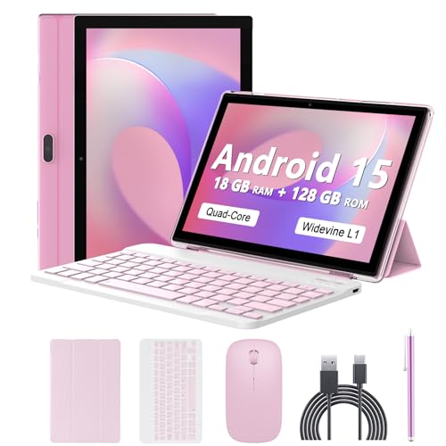 Android 15 Tablet 10 Inch, 18GB RAM+128GB ROM/2TB Expandable, 2 in 1 Tablets with Keyboard Case Mouse Stylus, 2.0GHz Quad-core Processor, 1280*800 IPS HD Screen, 5G WiFi6 BT 5.0, 8MP Camera Tableta PC