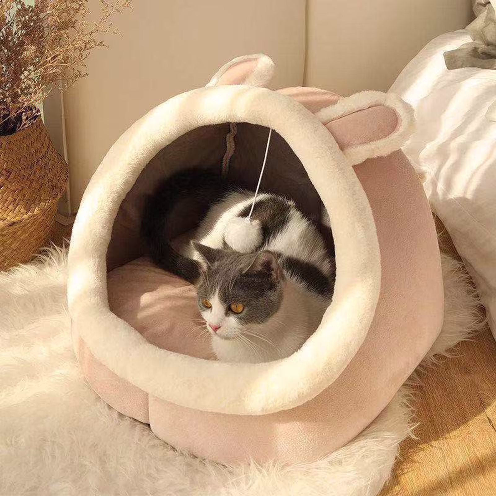 LSLJS Cat Bed Pet Beds for Cats Cute Cat House with Ears Cozy Cat Cave Beds for Indoor Cats Four Seasons Universal Pet Bed Sleeping Cushion Cotton Pet Sofa Pink 11"H Machine Washable on Clearance