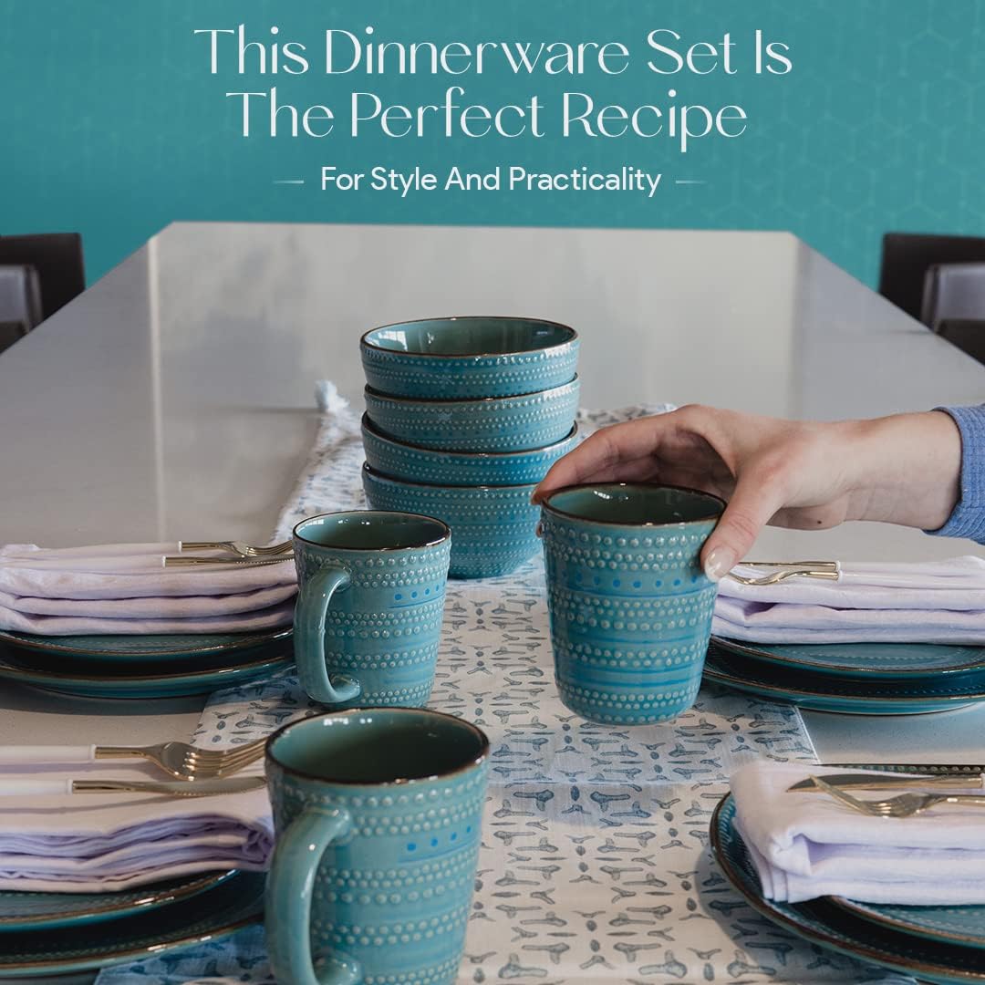 American Atelier 16-Piece Teal Stoneware Dinnerware Set - Includes Dinner Plates, Salad Plates, Bowls, Mugs