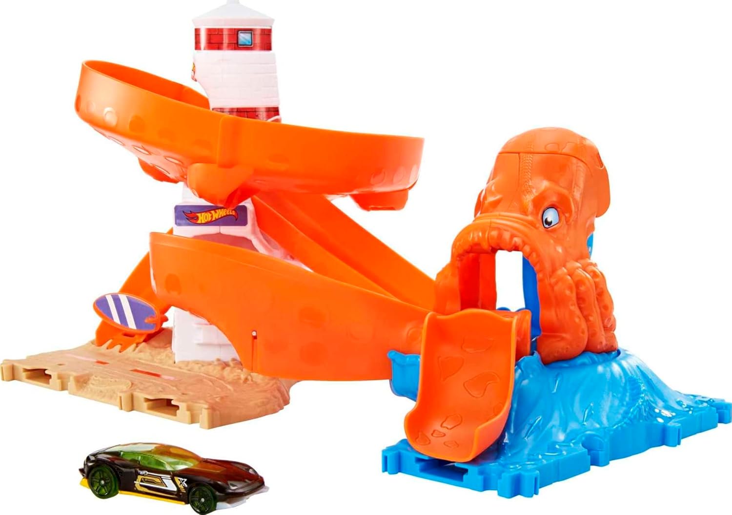 Hot Wheels Toy Car Track Set City Octopus Invasion Attack Playset & 1:64 Scale Vehicle, Creature Launcher